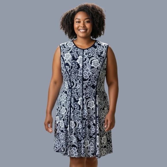 Studio One Dresses & Skirts - Navy & White Floral Lace Print Sleeveless A-Line Dress